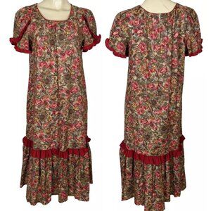 Vintage Kayla-g Hawaii ruffled Muu Muu cotton‎ red floral dress sz Medium